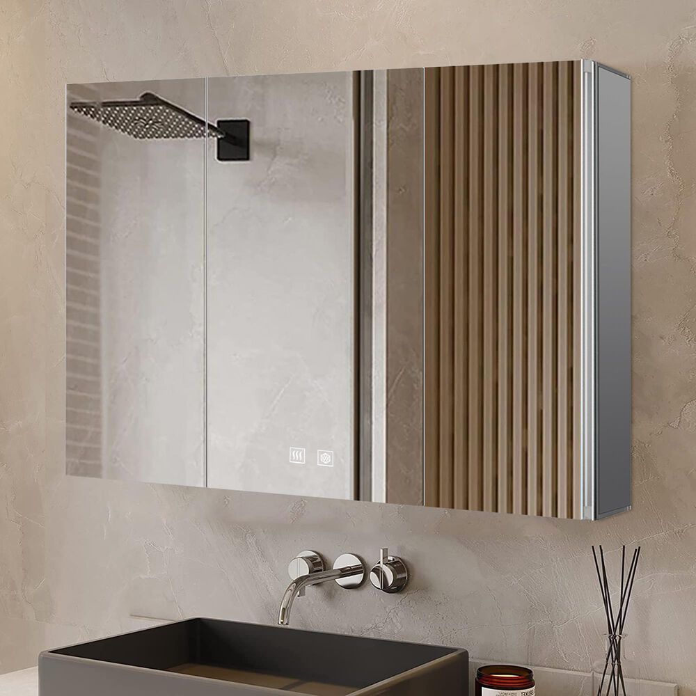 Lexora Home Corsica 48" x 32" LED Mirror Medicine Cabinet with Defogger in Aluminium, , large