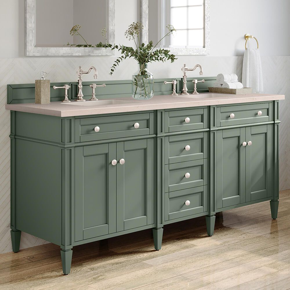 James Martin Vanities Brittany 72&quot; Double Bathroom Vanity in Smokey Celadon with 3 cm Eternal Marfil Quartz Top and Rectangular Sinks, , large