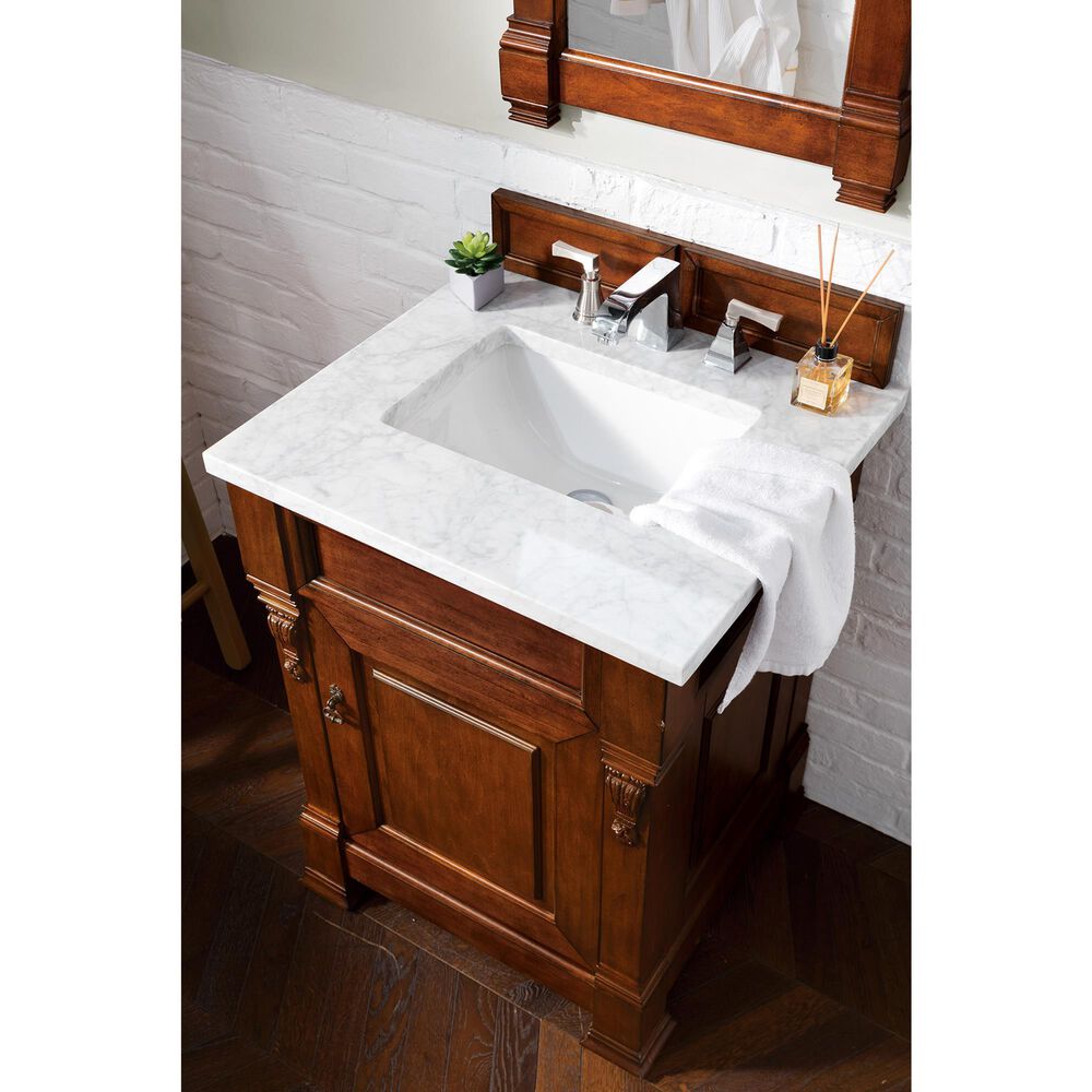 James Martin Vanities Brookfield 26&quot; Single Bathroom Vanity in Warm Cherry with 3 cm Carrara White Marble Top and Rectangle Sink, , large