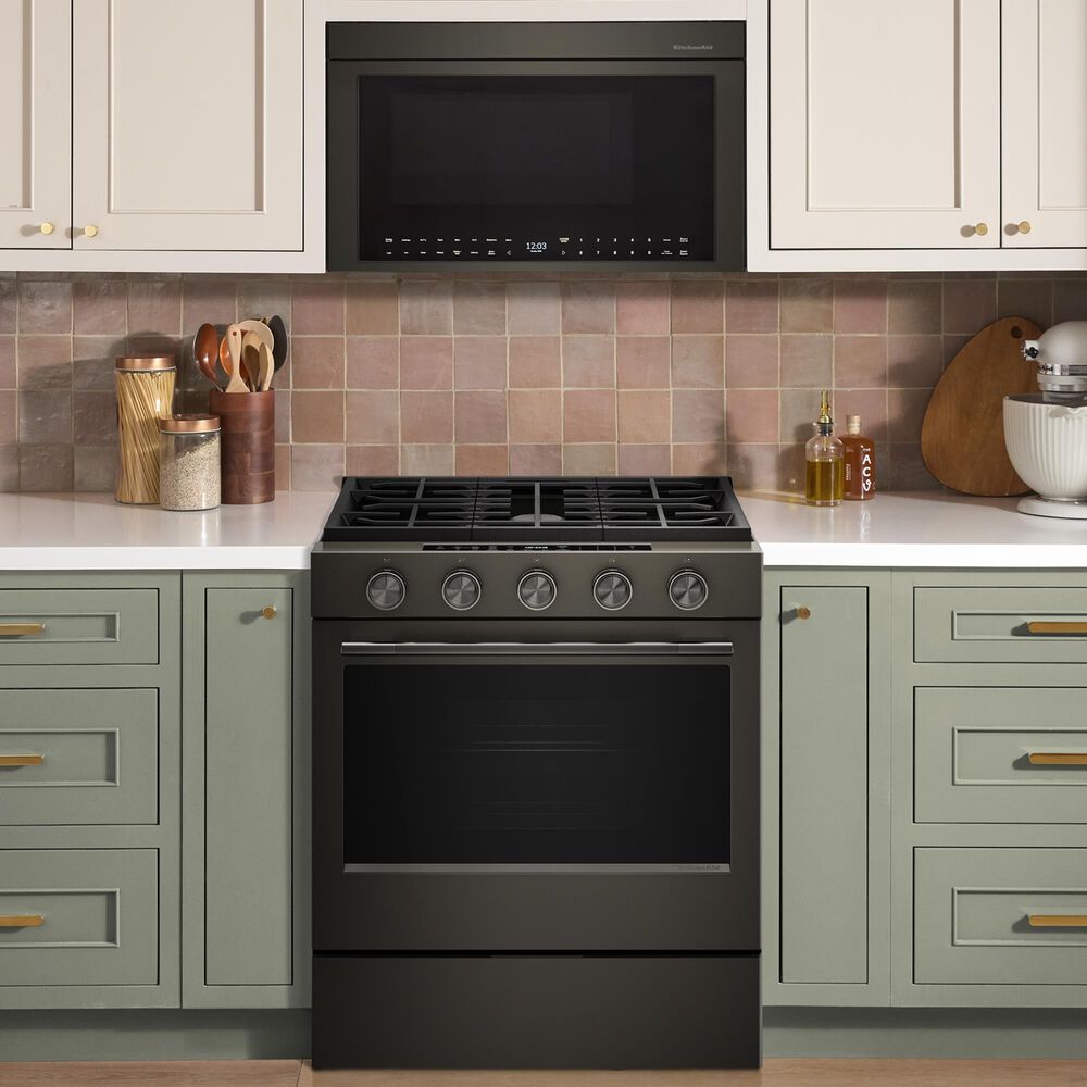 KitchenAid 2-Piece Kitchen Package with 30" Slide-In Smart Gas Range and 30" Over-the-Range Microwave Oven in Black Ore, , large