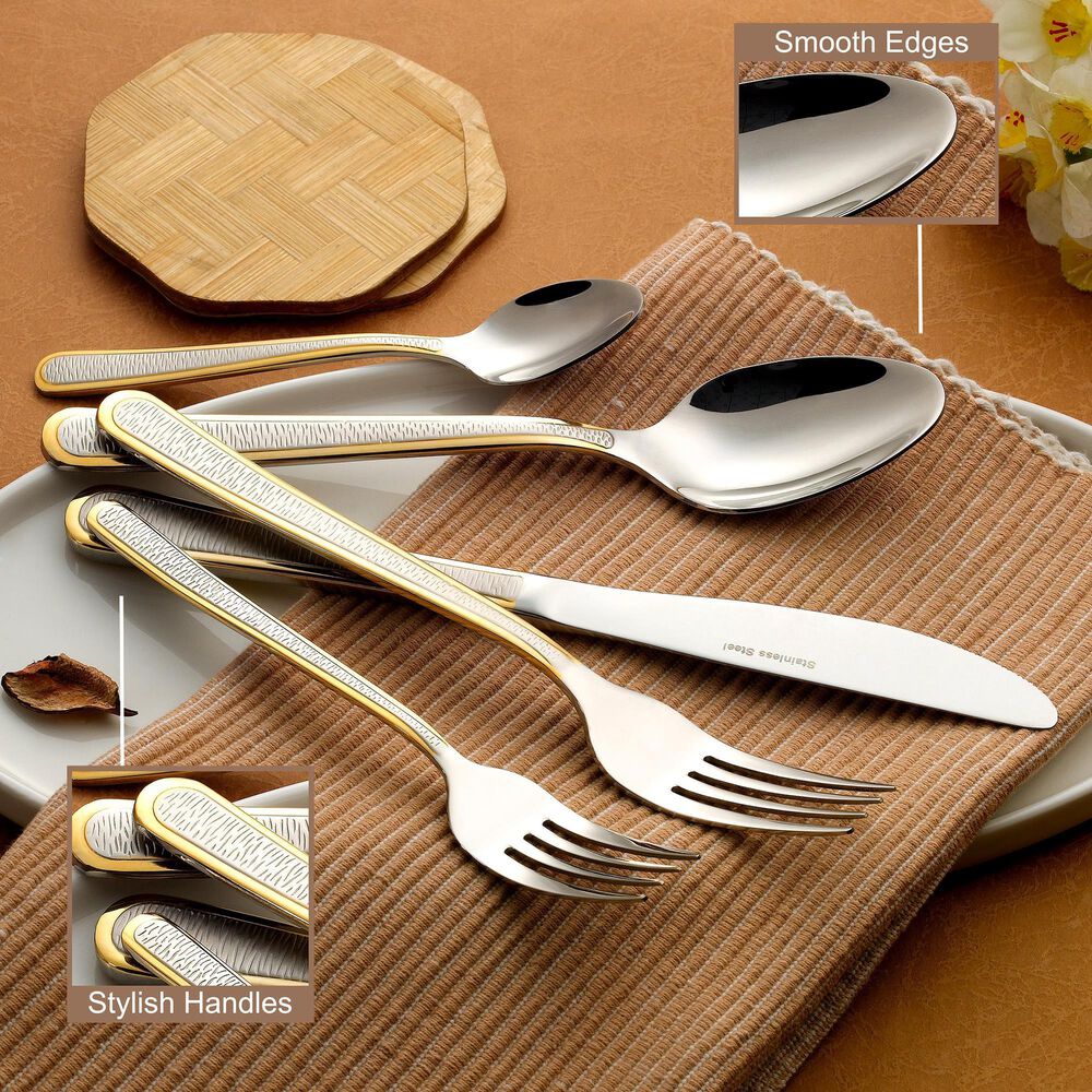 Gifts Plus 20-Piece Cetara Flatware Set with Gold Trimmed in Stainless Steel, , large