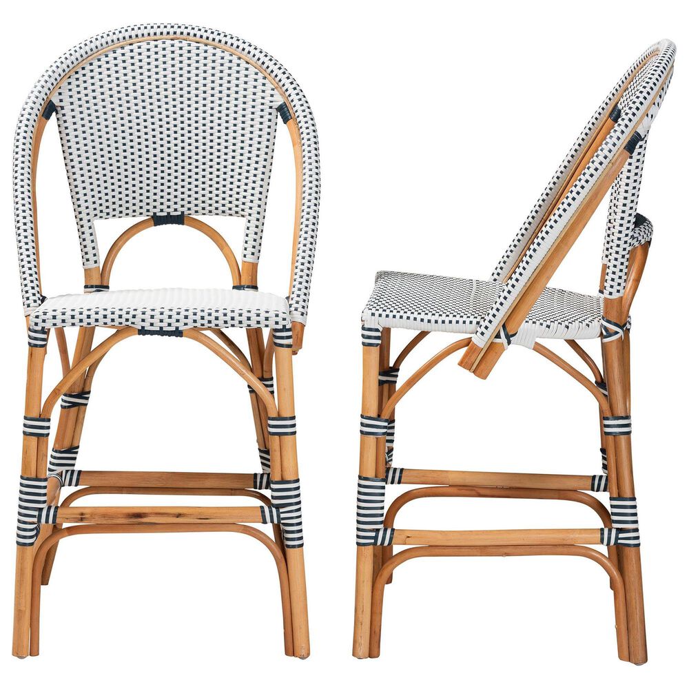 Baxton Studio Genica Counter Stool with Two-Tone Navy and White Weaving in Natural Rattan (Set of 2), , large