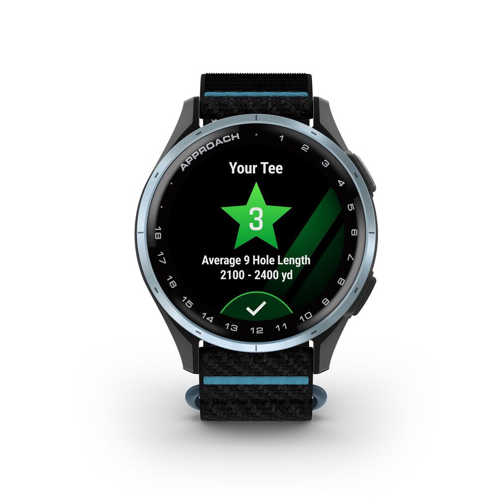 Garmin Approach J1 43mm Junior Golf GPS Smartwatch in Cloud Blue Aluminum Bezel with Black/Azure ComfortFit Fabric Band, , large