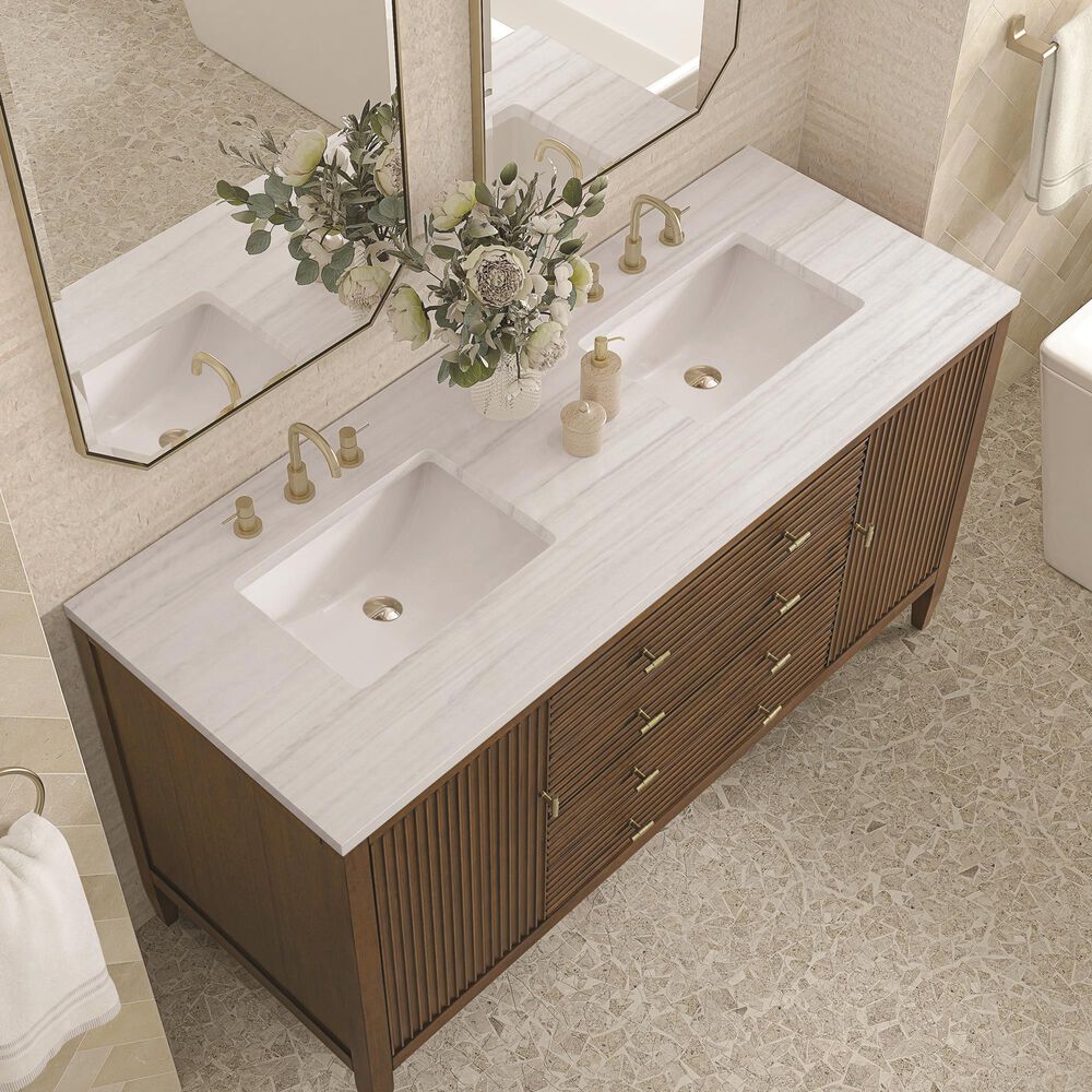 James Martin Vanities Myrrin 60&quot; Double Vanity in Mid Century Walnut with 3 cm Arctic Fall Solid Surface Top, , large