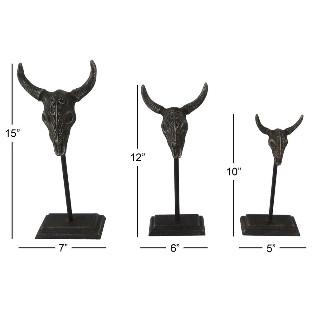 Maple and Jade Bull Skull Sculpture in Matte Gray &#40;Set of 3&#41;, , large