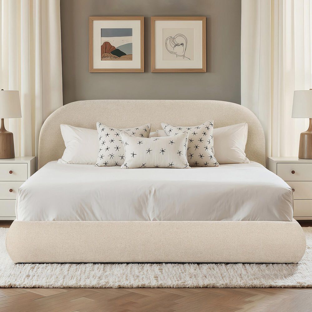 Jennifer Taylor Home Archie Puffy Grounded King Upholstered Platform Bed in Oatmeal Light Beige, , large