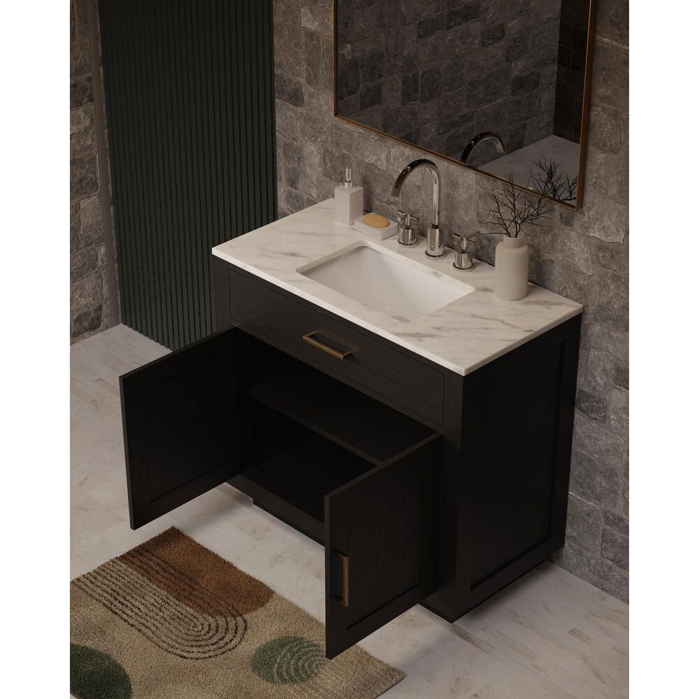 Lexora Home Abbey 36" Single Bathroom Vanity in Black Oak with 2 cm White Carrara Marble Top and Rectangular Sink, , large