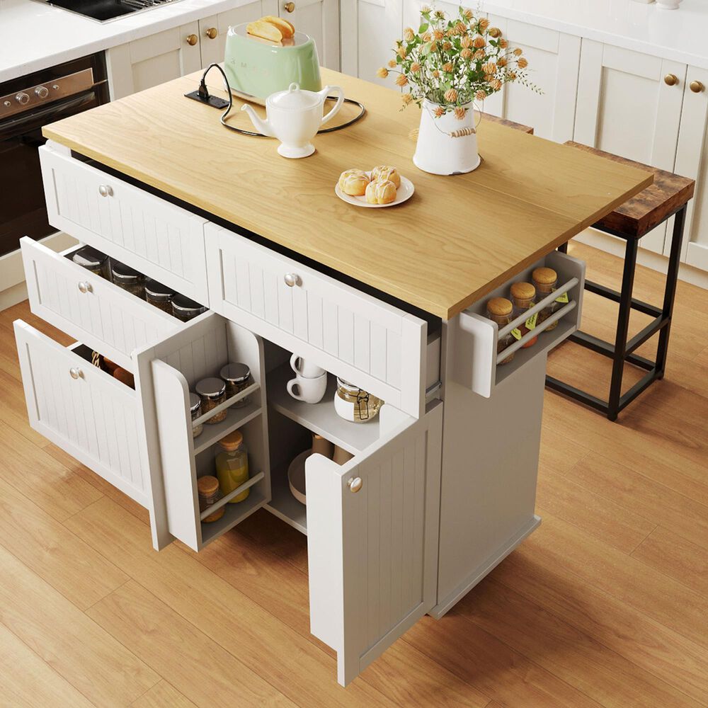 HOMLUX Farmhouse Kitchen Island with Drop Leaf and 2 Stools in White, Natural, Black and Rustic Brown, , large