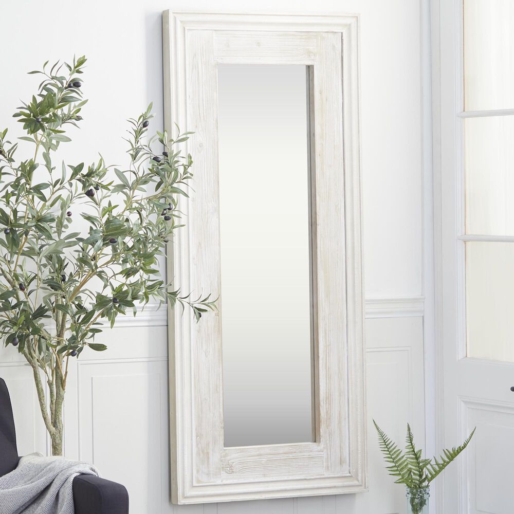 Maple and Jade 59&quot; x 26&quot; Wood Wall Mirror in Distressed White, Gray and Brown, , large