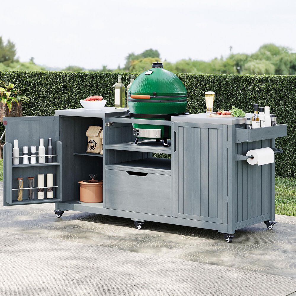 HOMLUX 67" Outdoor Kitchen Island with Stainless Steel Top in Grey, , large