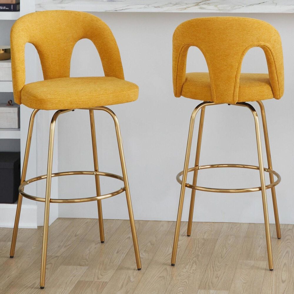 LumiSource Ava Swivel Bar Stool with Yellow Fabric Upholstery in Gold (Set of 2), , large