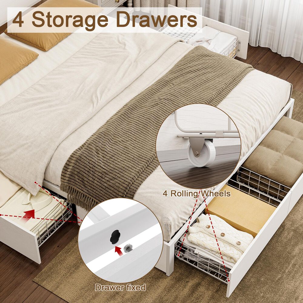 HOMLUX Queen 4-Drawer Storage Bed with LED Headboard and Charging Station in White, , large