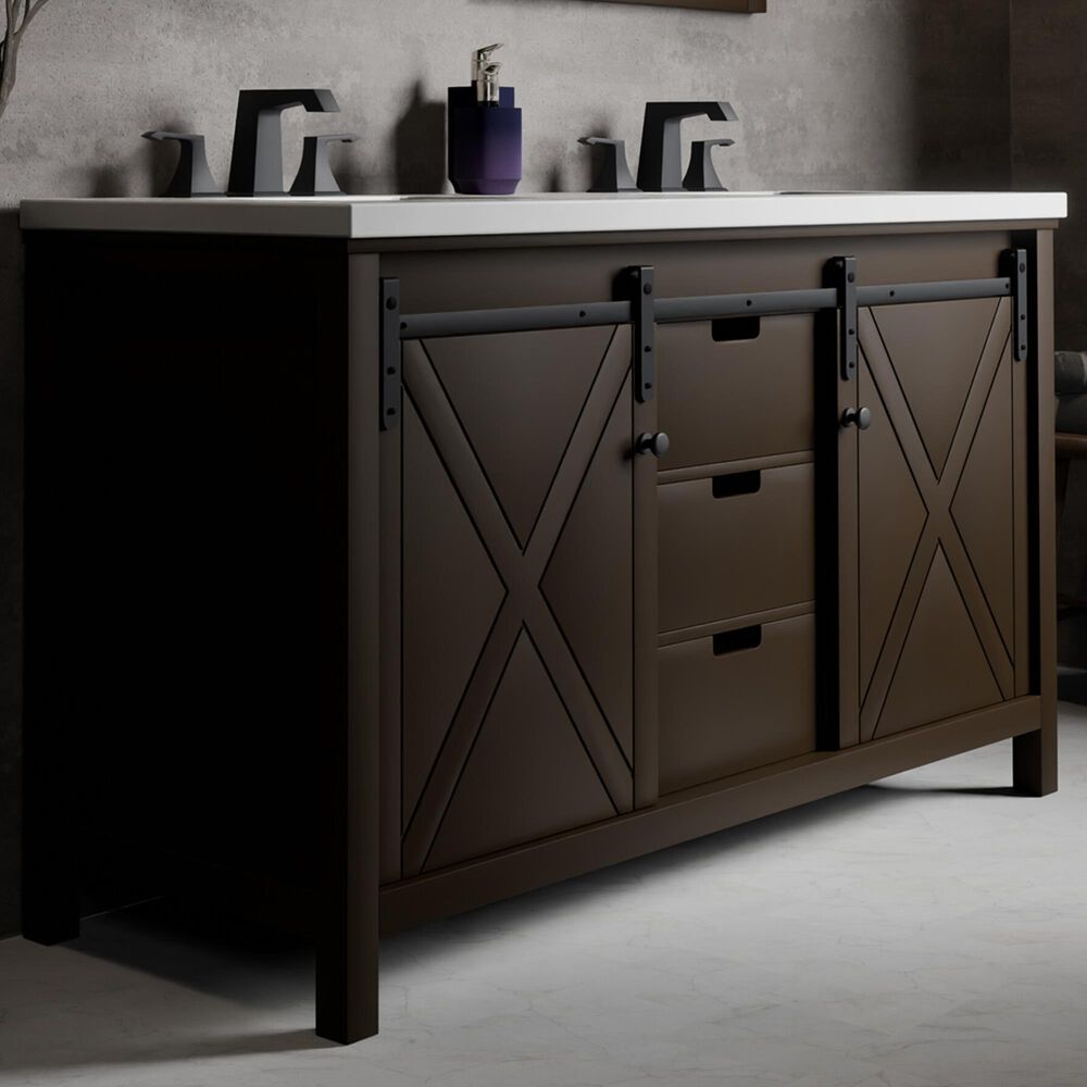 Lexora Home Marsyas 60" Double Bathroom Vanity in Brown with 2 cm White Cultured Marble Top and Rectangular Sinks, , large