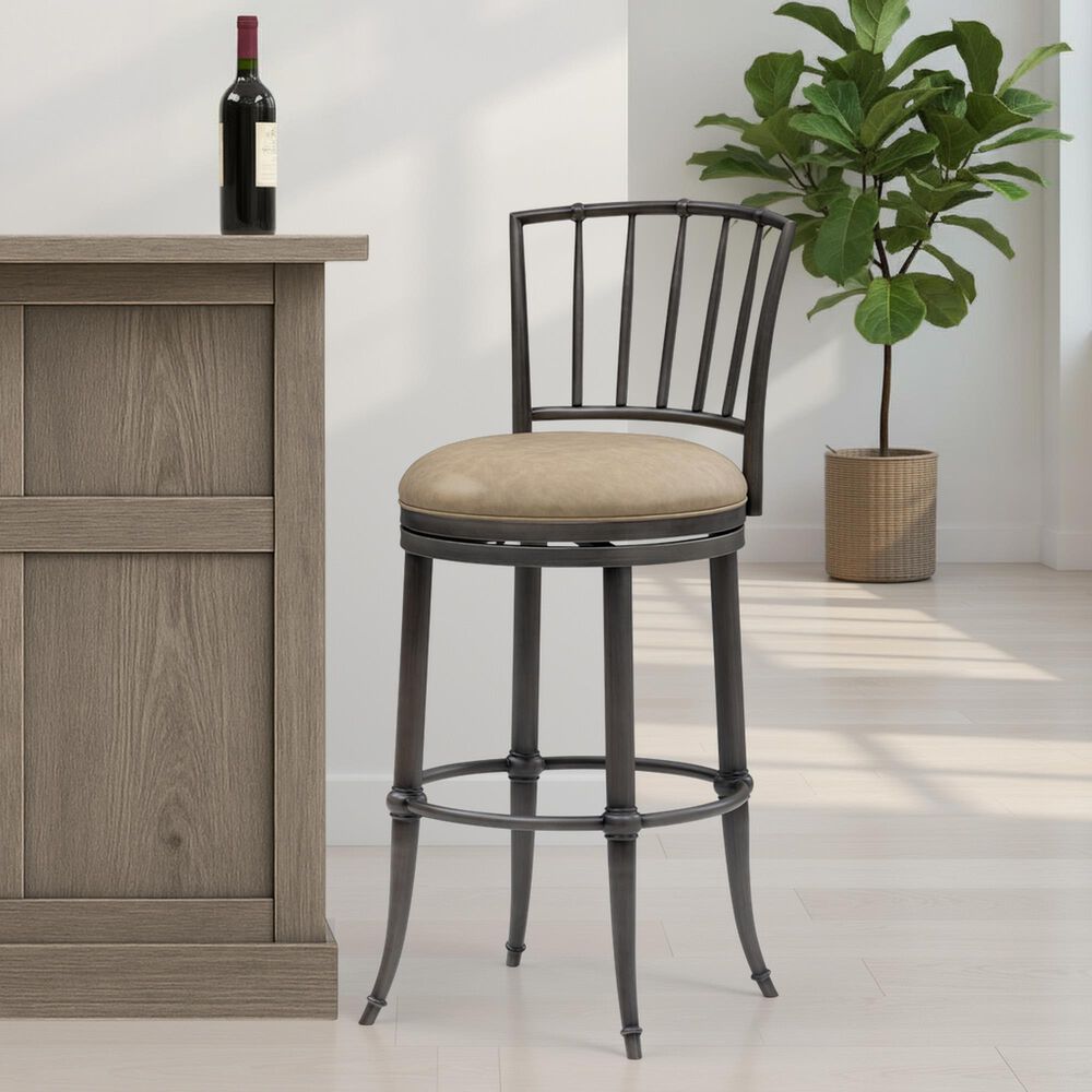 Armen Living Vince Bar Height Stool with Mushroom Brown Upholstery in Antique Pewter, , large