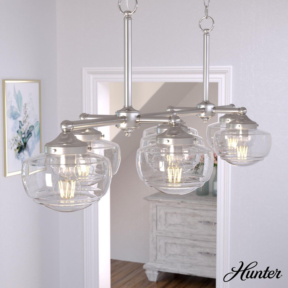 Hunter Saddle Creek 7-Light Linear Chandelier with Seeded Shade in Brushed Nickel, , large