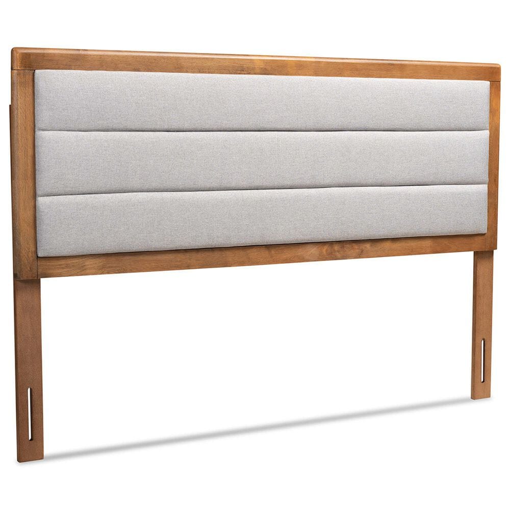 Baxton Studio Dexter Queen Panel Headboard with Light Grey Fabric in Walnut Brown, , large