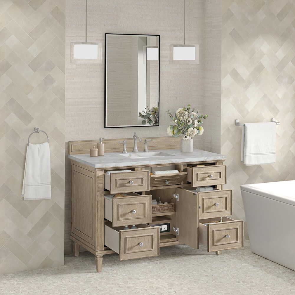 James Martin Vanities Lorelai 48" Single Bathroom Vanity in Whitewashed Oak with 3 cm Eternal Jasmine Pearl Silestone Top, Rectangular Sink and FreePower Wireless Charger, , large