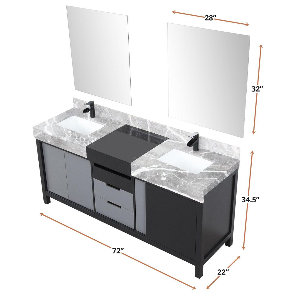 Lexora Home Zilara 72&quot; Double Bathroom Vanity in Black and Grey with 11 cm Castle Grey Marble Top and Rectangular Sinks, , large