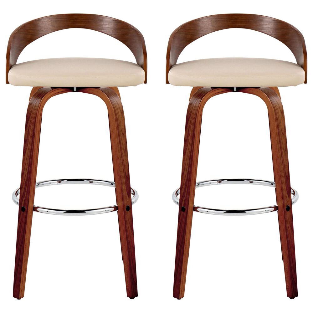 LumiSource Grotto 30" Swivel Barstool with Cream Faux Leather Upholstery in Walnut and Chrome (Set of 2), , large