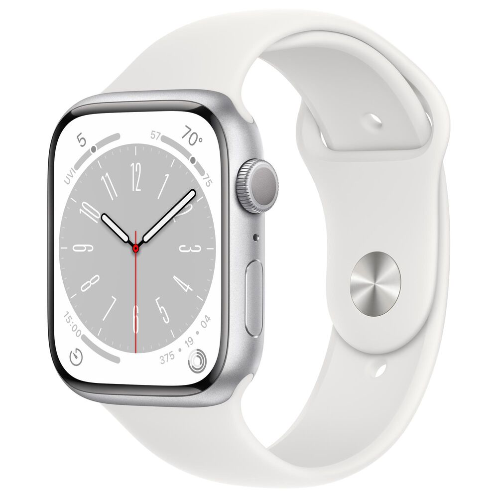 Apple Watch Series 8 GPS 45mm Silver Aluminum Case with White Sport Band S/M and 2-Year AppleCare+, , large
