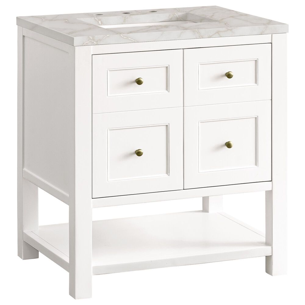 James Martin Vanities Breckenridge 30" Single Bathroom Vanity in Bright White with 3 cm Victorian Silver Quartz Top and Rectangular Sink, , large