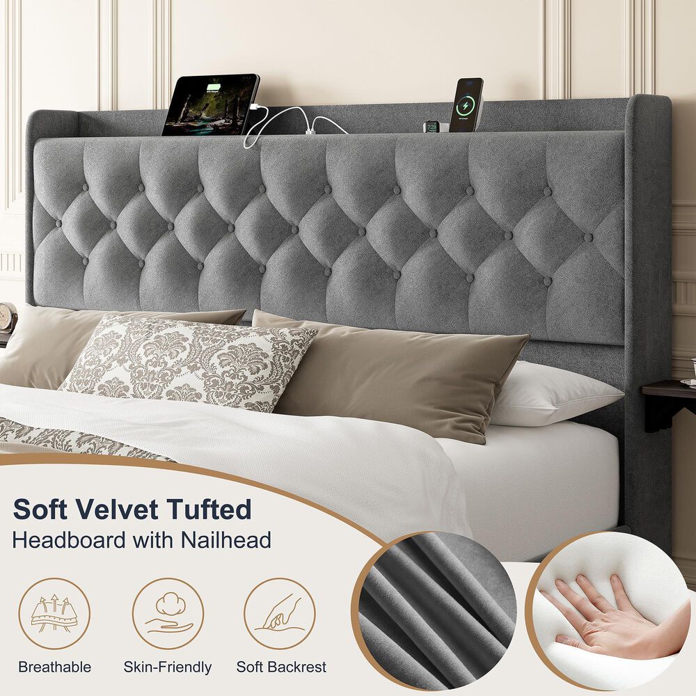 HOMLUX Full Upholstered Platform Storage Bed with Headboard Shelf and USB Charging Station in Gray, , large