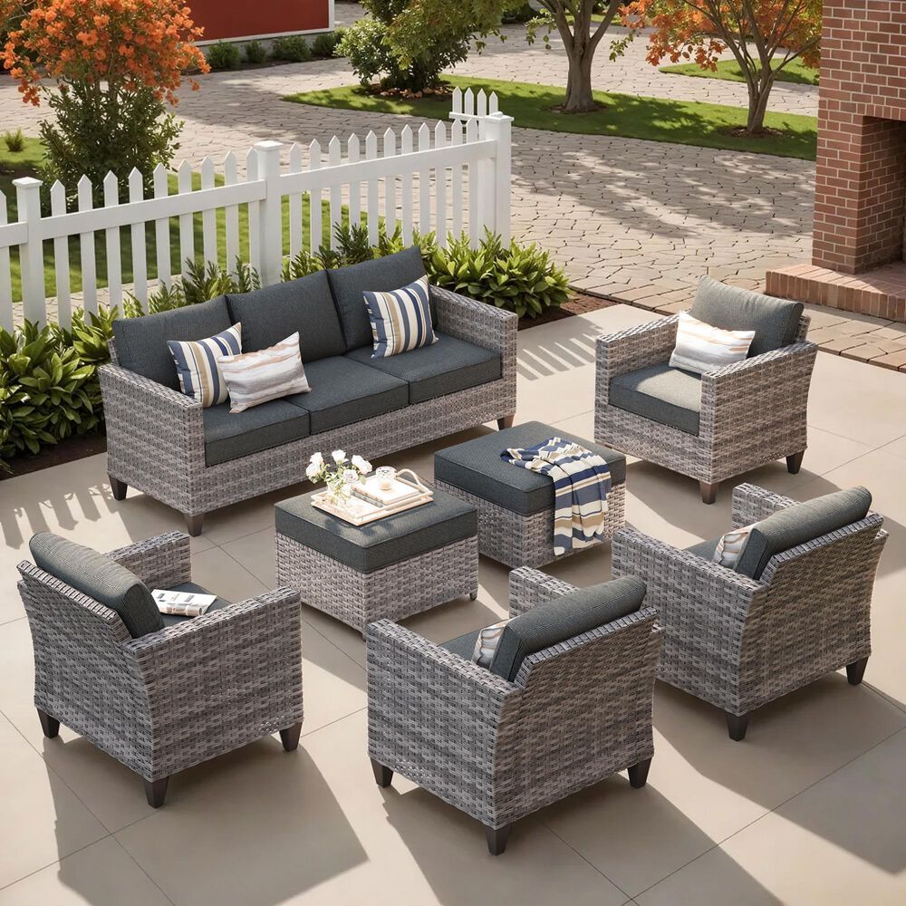 HOMLUX 7-Piece Rattan Sectional Set w/ Sofa + Footrests + Chairs, Black, , large
