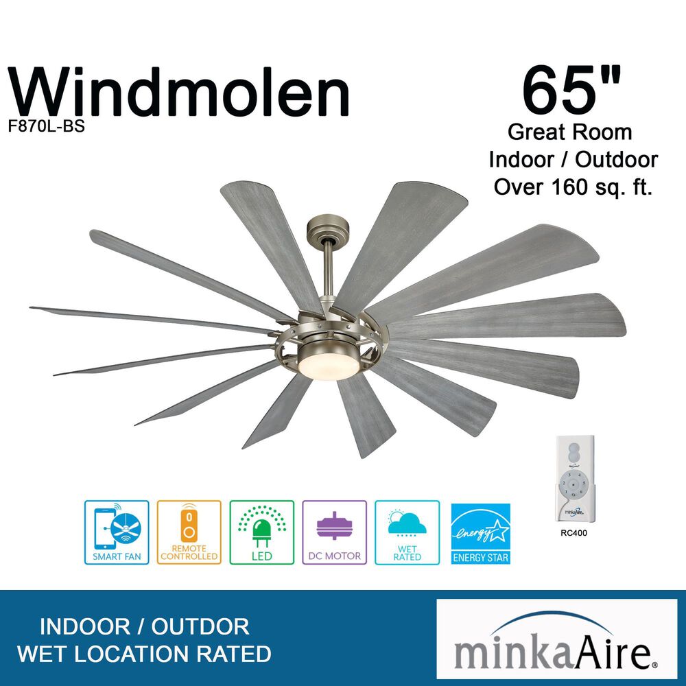 Minka-Aire Windmolen 65" Indoor/Outdoor Smart Ceiling Fan with LED Light in Brushed Steel, , large