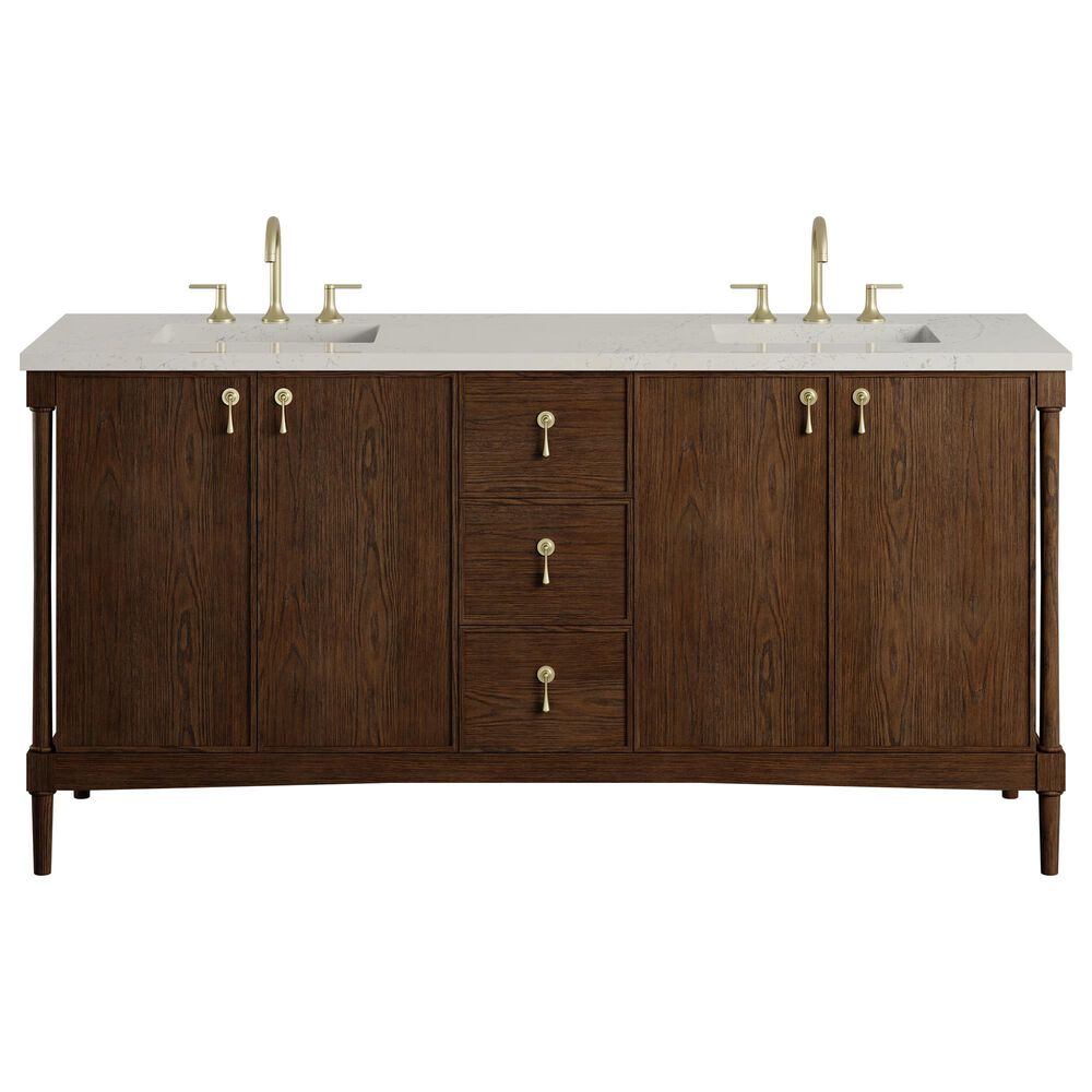 James Martin Kinnsden 72" Double Bathroom Vanity in Sable Oak with 3 cm Siberian Silestone Top and Rectangular Sinks, , large
