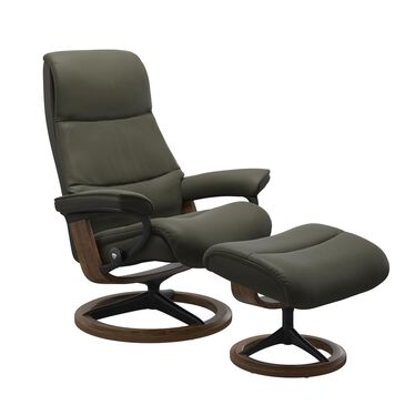 Stressless View Signature Medium Leather Chair and Ottoman in Paloma Dark Olive, , large
