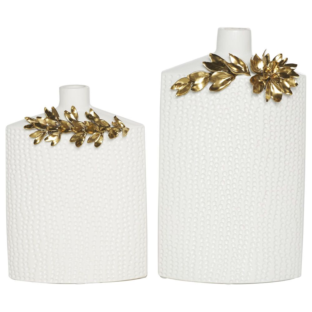 Maple and Jade 2-Piece Leaf Decorative Vase Set in Polished White and Gold, , large