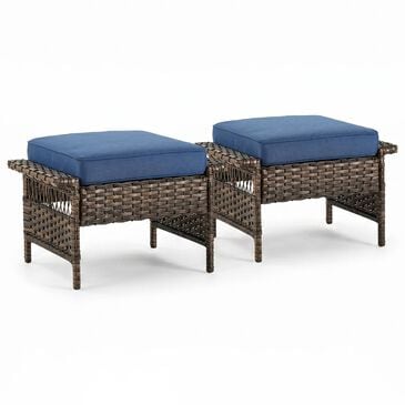 Sunwell Garden Outdoor Ottoman with Navy Cushion in Brown (Set of 2), , large