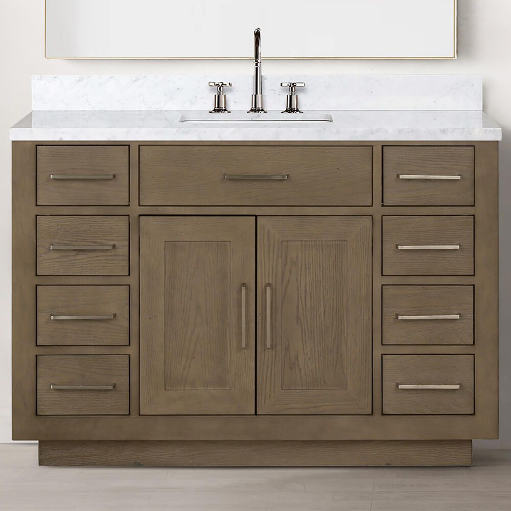 Lexora Home Abbey 48&quot; Single Bathroom Vanity in Grey Oak with 2 cm White Carrara Marble Top and Rectangular Sink, , large