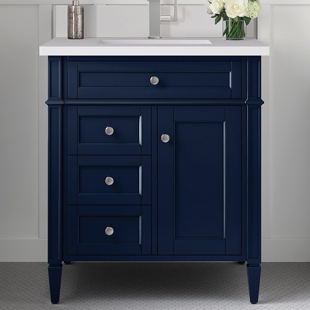 James Martin Vanities Brittany 30" Single Bathroom Vanity in Victory Blue with Single Hole 3 cm White Zeus Quartz Top and Rectangular Sink, , large