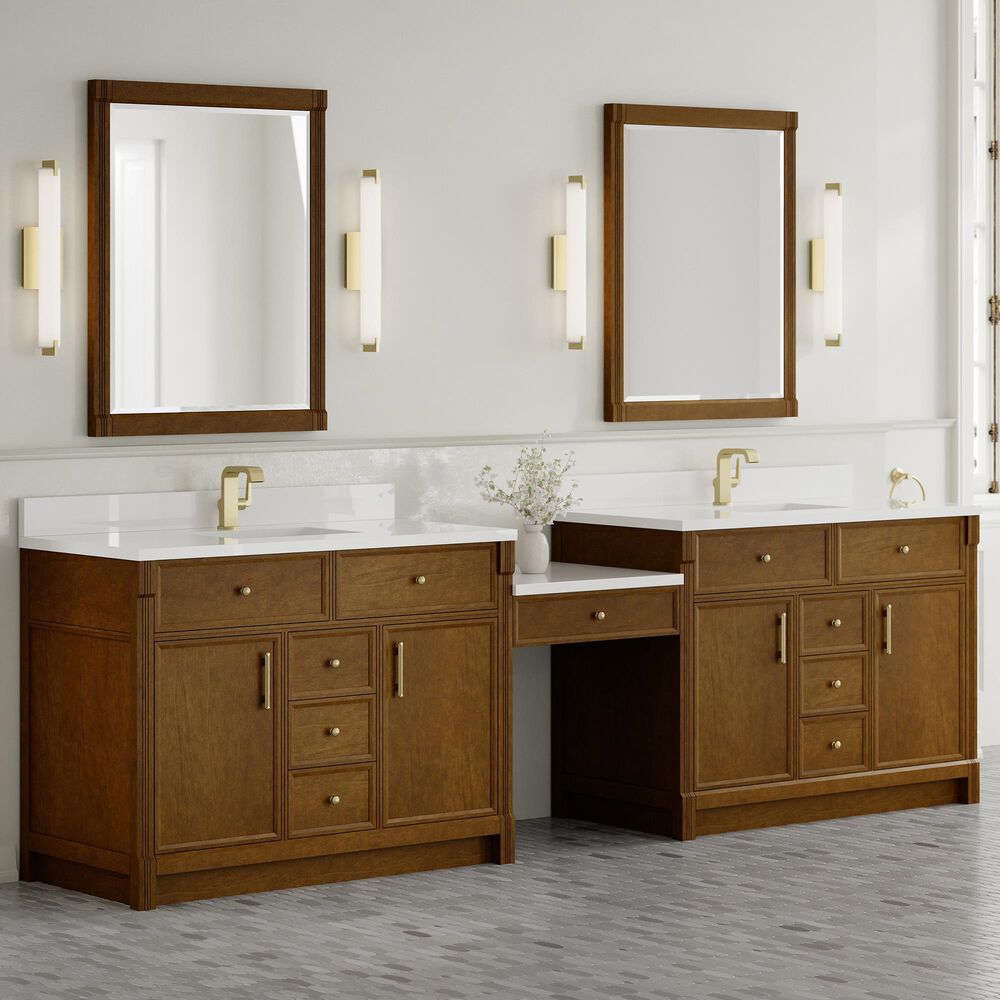 James Martin Vanities Bellshire 120" Dual Bathroom Vanity Set in Honey Oak with Single Hole 3 cm White Zeus Quartz Top and Rectangular Sinks, , large