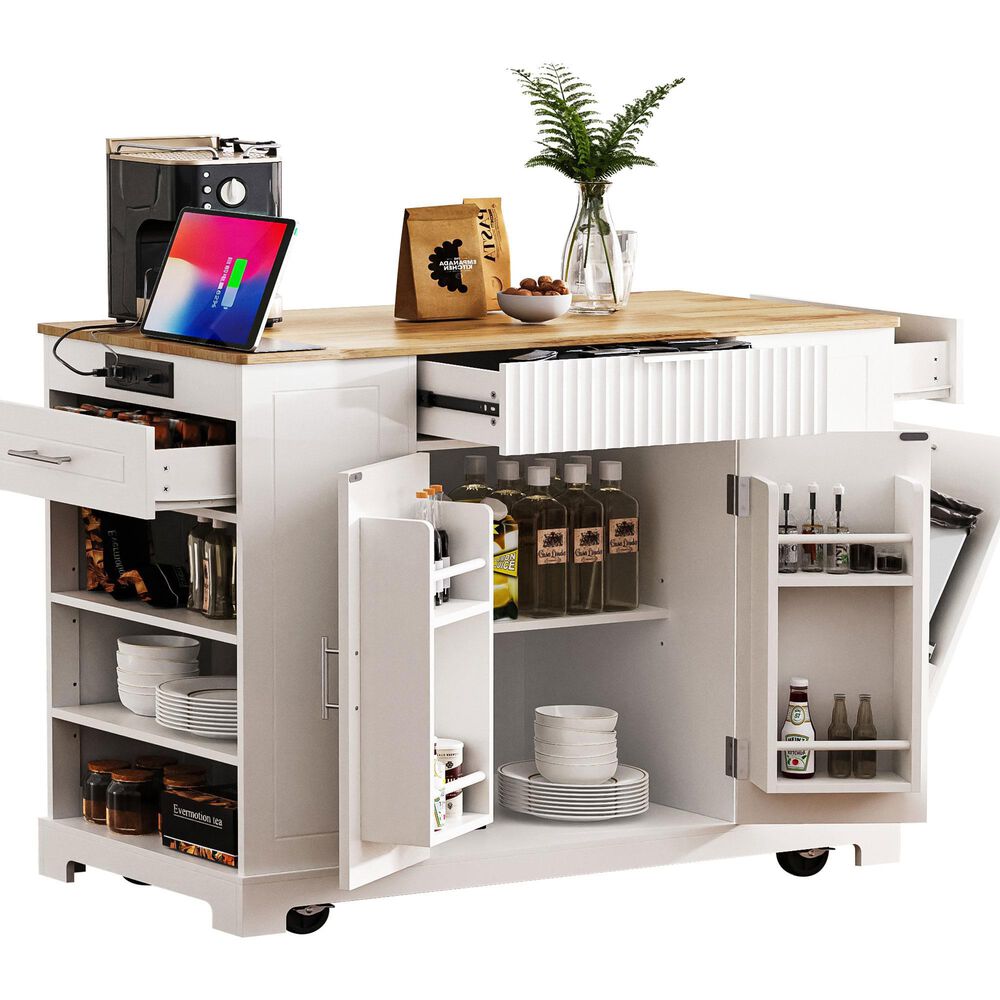 HOMLUX 47" Fluted Kitchen Island with Trash Can Storage Cabinet in White and Natural, , large