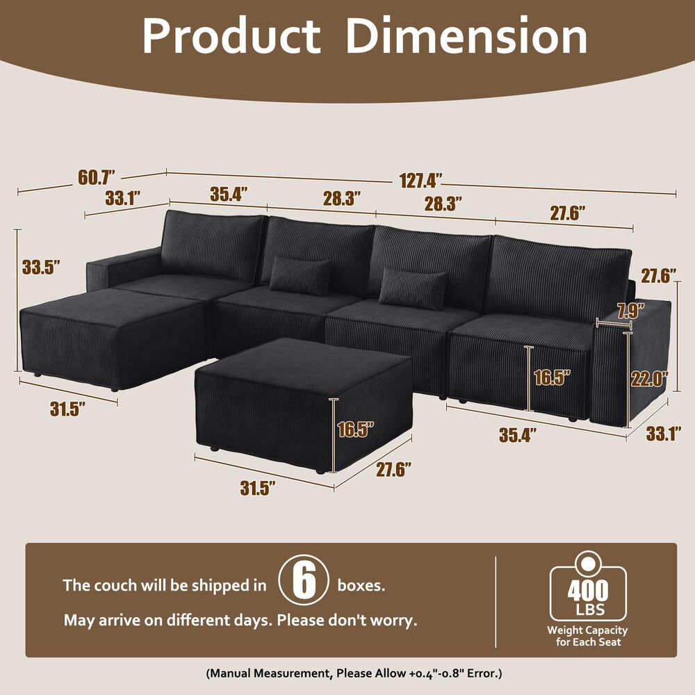 HOMLUX 127.4" Sectional Sofa in Black, , large