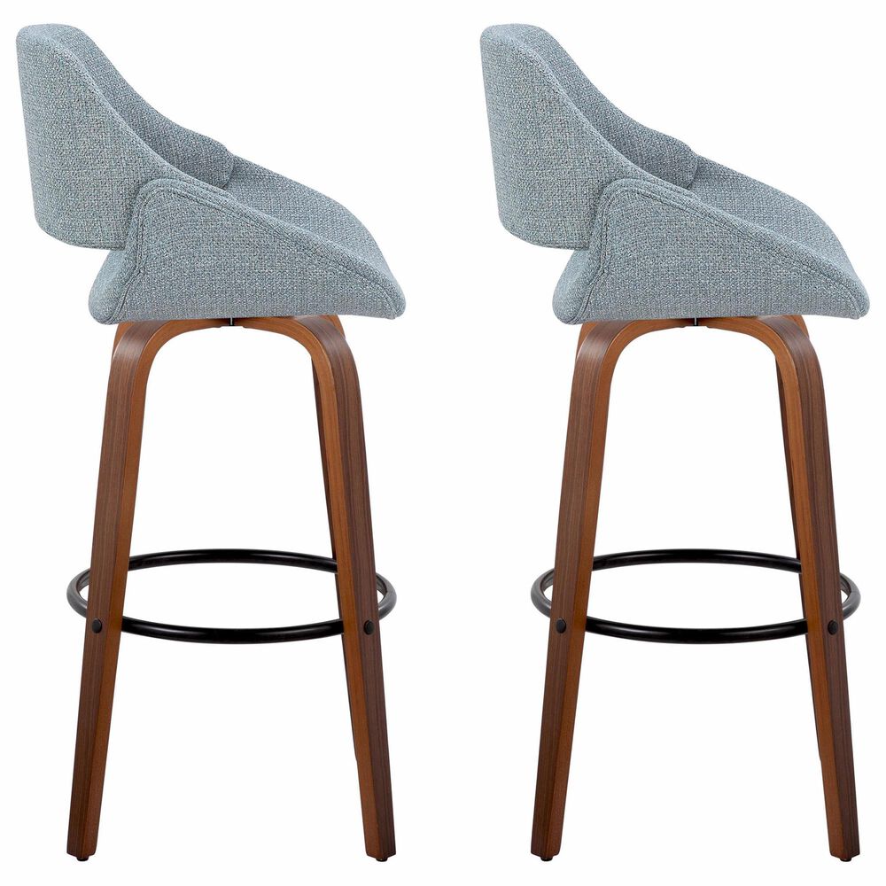 LumiSource Fabrico 30" Swivel Fixed-Height Bar Stool with Blue Noise Fabric Upholstery in Black and Walnut (Set of 2), , large
