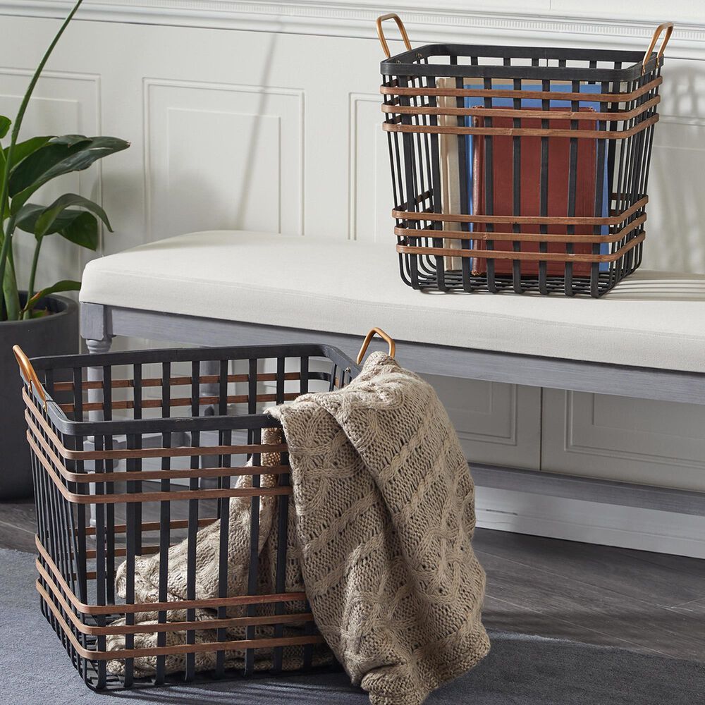 Maple and Jade Storage Basket with Handles in Matte Black and Brown &#40;Set of 2&#41;, , large