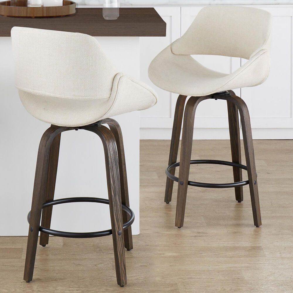 LumiSource Fabrico 26" Swivel Fixed-Height Counter Stool with Cream Noise Fabric Upholstery in Black and Glazed Walnut (Set of 2), , large