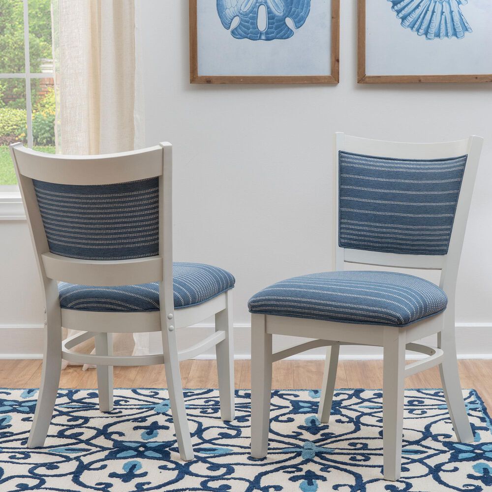 Linon Home Decor Lainey Side Chair with Blue Stripe Cushion in White (Set of 2), , large