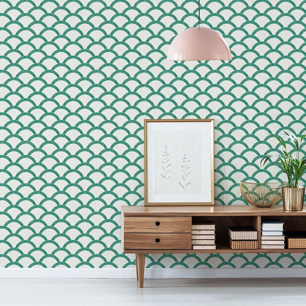 Tempaper Mosaic Scallop Emerald Green Peel and Stick Wallpaper, , large