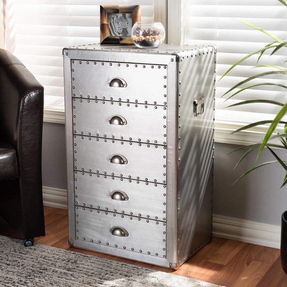 Baxton Studio Davet 5-Drawer Accent Storage Cabinet in Silver, , large