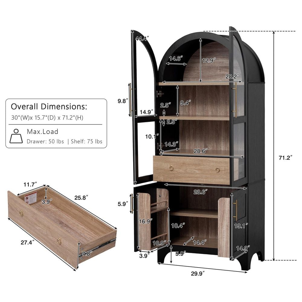 HOMLUX HOMLUX 71" Tall Arched Kitchen Pantry Cabinet with Door Shelves, Farmhouse Kitchen Storage Cabinet with Open &amp; Adjustable Shelves, Hidden Drawer &amp; Glass Door, Cupboard for Kitchen, Dining Room, Black, , large