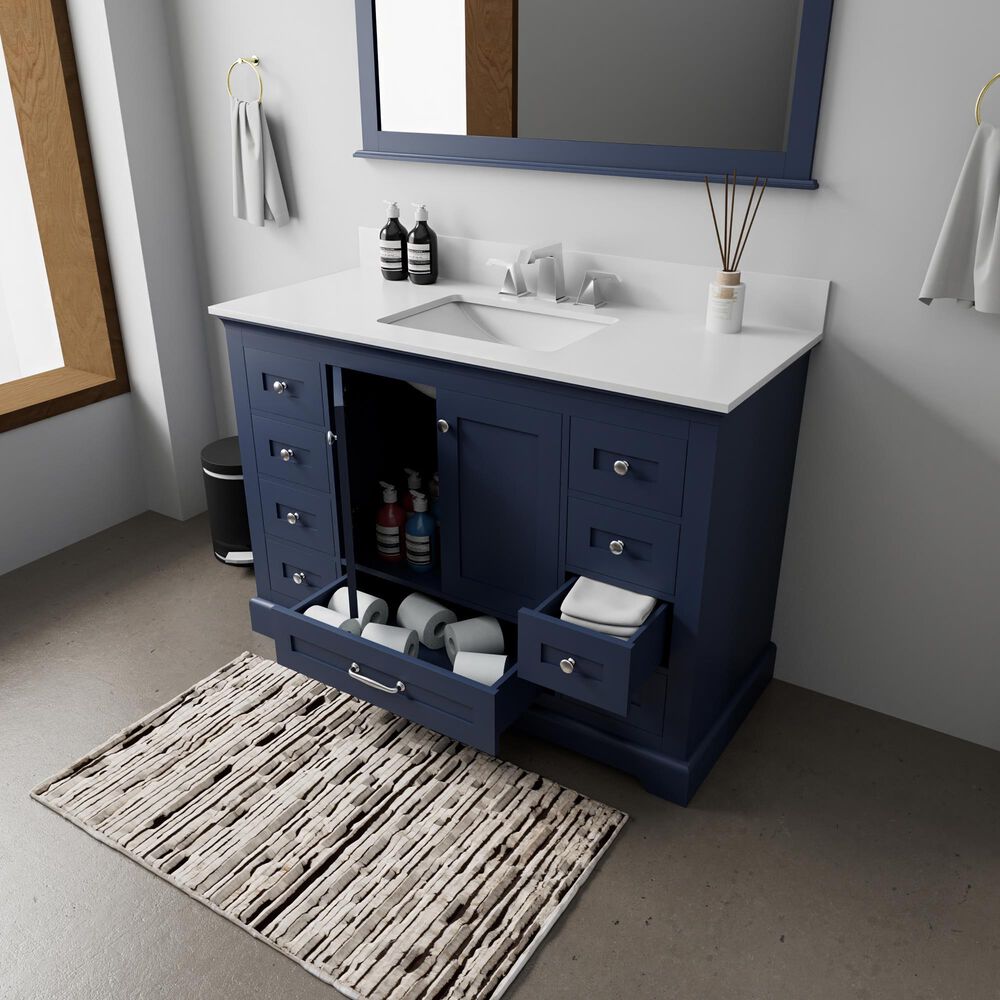 Lexora Home Dukes 48" Single Bathroom Vanity in Navy Blue with 2 cm White Quartz Top and Rectangular Sink, , large