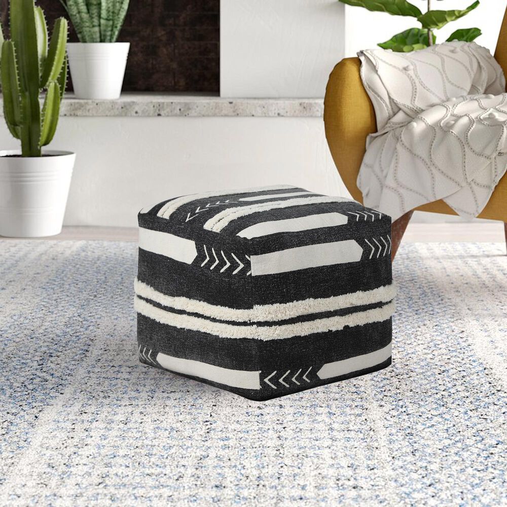 LR Home 18" Square Striped Pouf in Black and White, , large