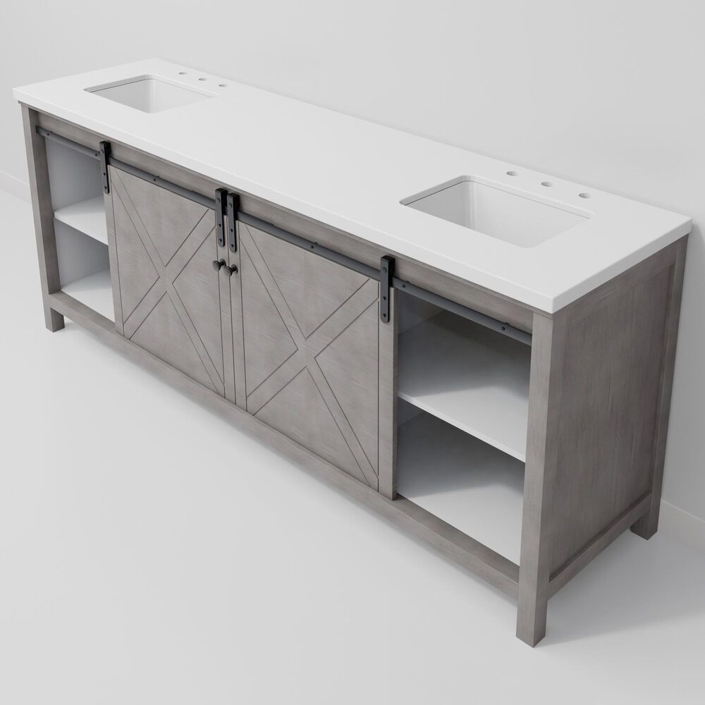 Lexora Home Marsyas 84&quot; Double Bathroom Vanity in Ash Grey with White Quartz Top and Rectangular Sinks, , large