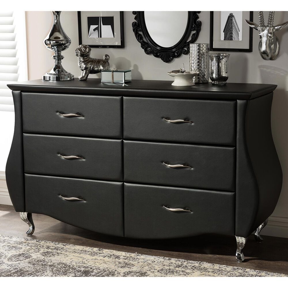 Baxton Studio Enzo 6-Drawer Dresser with Black Upholstered in Stainless Steel, , large