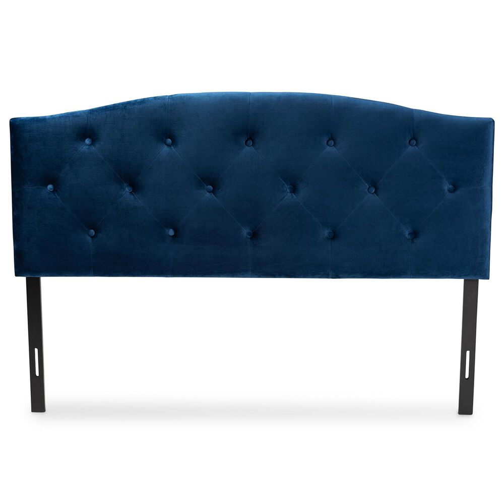 Baxton Studio Leone Full Panel Headboard with Navy Blue Velvet in Dark Brown, , large