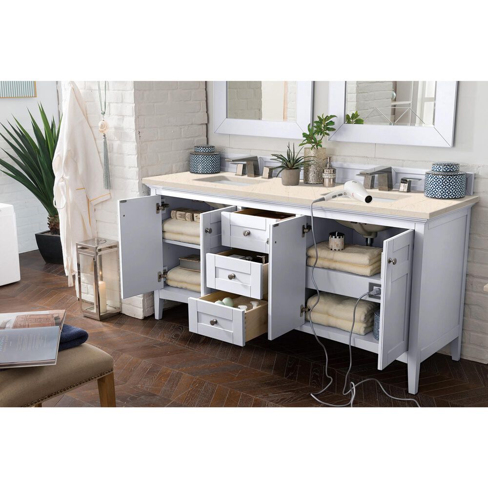 James Martin Vanities Palisades 72&quot; Double Bathroom Vanity in Bright White with 3 cm Eternal Marfil Quartz Top and Rectangular Sinks, , large